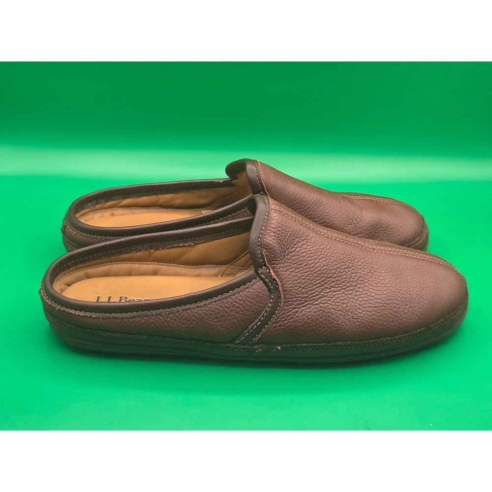 LL Bean Mens Handsewn Leather Slippers Brown Scuff House Shoes 13 M 272349